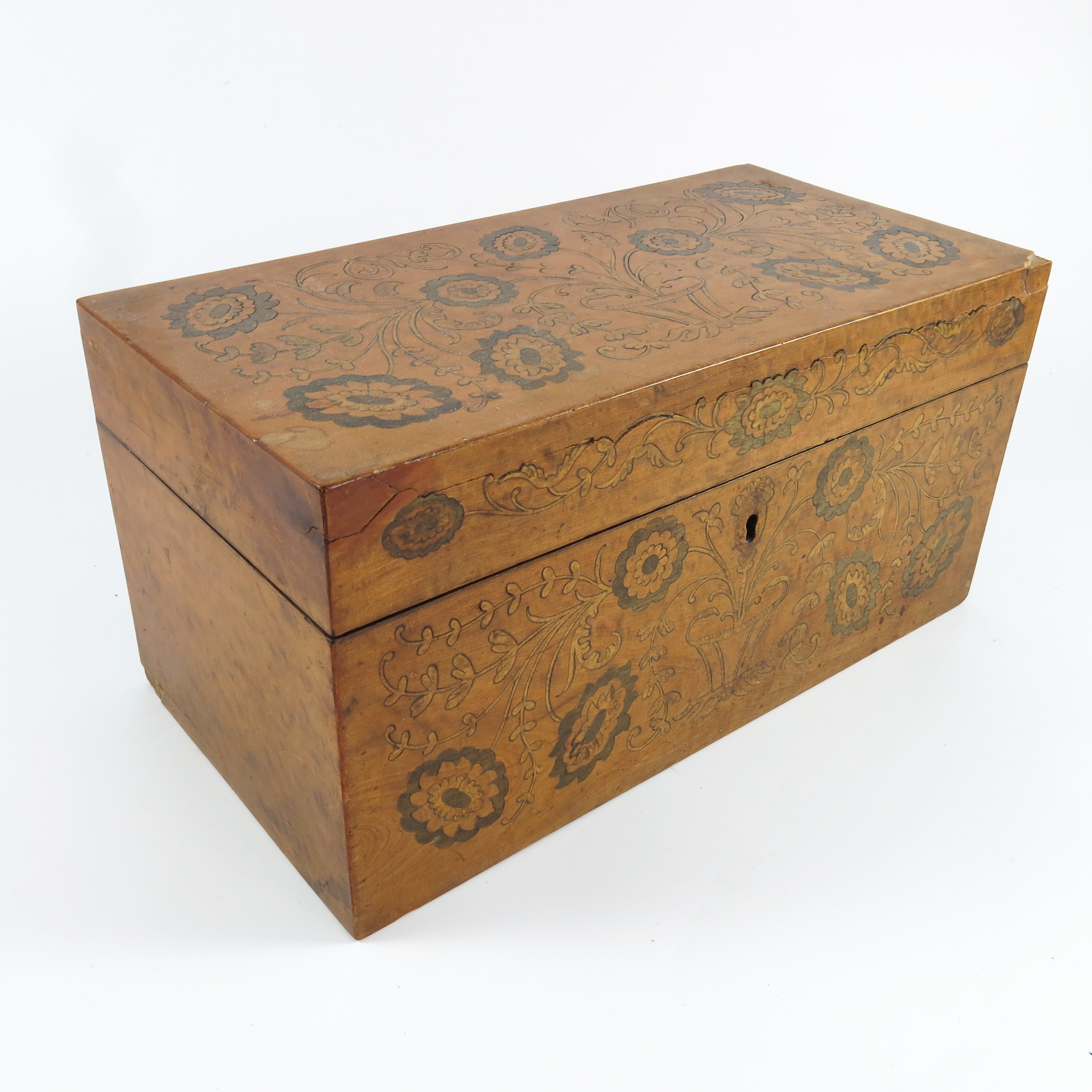 TEA CADDY WITH FLORAL POKER WORK DECORATION AND FITTED INTERIOR