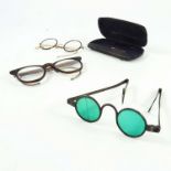 2 PAIRS OLD SPECTACLES AND VERY OLD SUNGLASSES WITH STEEL FRAME, ONE LENS CRACKED