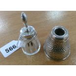 PLANISHED SILVER INK POT AND A GLUE POT WITH SMALL SILVER HANDLED BRUSH AND GLASS POT, LEVI &