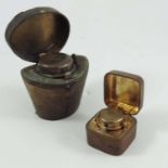 NOVELTY INK WELL IN MINIATURE LEATHER COVERED TOP HAT BOX AND ONE OTHER TRAVELLING INKWELL