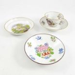 3 MISCELLANEOUS 19th CENTURY SAUCERS MARKED NEW HALL AND A MATCHING CUP