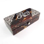 VICTORIAN TORTOISESHELL AND SILVER MOUNTED RECTANGULAR PIN BOX WITH HINGED TOP
