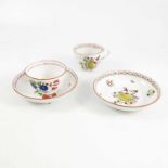 2, 19th CENTURY SAUCERS, CUP AND TEA BOWL WITH FLORAL AND SHELL DECORATION