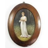 LATE 19TH CENTURY MEISSEN OVAL PORCELAIN PLAQUE PAINTED WITH A MAIDEN IN CLASSICAL COSTUME,