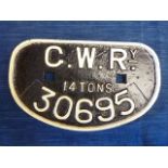 RAILWAY INTEREST CAST IRON GWR D SHAPED WAGON PLATE GWR 14 TONS 30695
