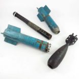 MILITARIA, INERT ORDNANCE,3 PRACTICE/ DEMONSTRATION ARTILLERY SHELLS AND A MORTAR BOMB