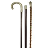 2 WALKING STICKS WITH SILVER KNOPS AND ONE OTHER WITH A SILVER HANDLE, PRESENTATION INSCRIPTION TO