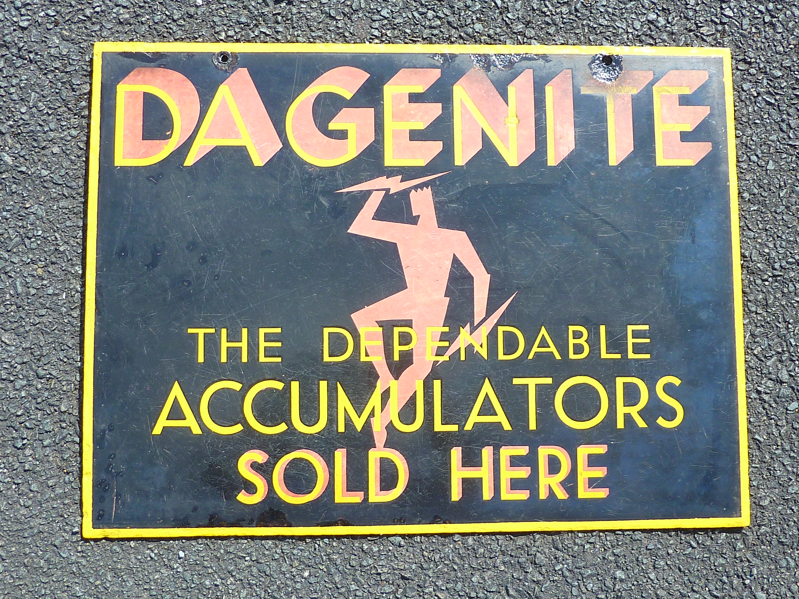 ADVERTISING SIGN DAGENITE - THE DEPENDABLE ACCUMULATORS SOLD HERE APPROX. 15 INS X 20 INS