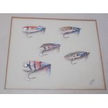 ERIC MEADE KING (1911-1987), WATERCOLOUR DEPICTING 5 FISHING FLIES, APPROX. 19 X 17 cm