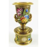 WONDERFUL QUALITY SPODE URN ON PEDESTAL VASE, COBALT BLUE, GILT FISH SCALE AND FLORAL DECORATION,