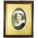 CONTINENTAL OVAL PORCELAIN PLAQUE IN THE BERLIN MANNER DEPICTING A LADY IN PERIOD COSTUME, APPROX.