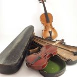 VIOLIN IN CASE, BACK APPROX. 36.5 cm INC. BUTTON, 2 BOWS, ONE STAMPED ADAM HEINRICH AND ONE OTHER