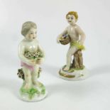 2 CONTINENTAL FIGURES, BOTH WITH FLOWER BASKETS, ONE WITH UNDERGLAZE CROSSED SWORDS MARK, THE