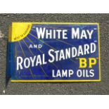 ENAMEL DOUBLE SIDED ADVERTISING SIGN WHITE MAY AND ROYAL STANDARD BP LAMP OILS NEXT TO SUNSHINE
