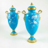 PR. IMPRESSIVE MINTON PATE SUR PATE PALE BLUE GROUND AND GILT VASES WITH BIRD DECORATION, EACH