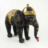 INDIAN CARVED WOODEN ELEPHANT WITH PAINTED DECORATION, APPROX. 30 cm H.