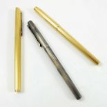 3 DUNHILL FOUNTAIN PENS, 2 GOLD COLOURED, 1 SILVER, EACH WITH A 14K NIB