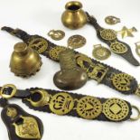 GOOD QUALITY 19TH CENTURY TIBETAN TEMPLE CLAW BELL, MISC. HORSE BRASSES AND OTHER BRASSWARE