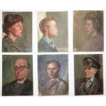 ALYS WOODMAN (20TH CENTURY, MALVERN SCHOOL OF ART) , 6 VARIOUS PORTRAITS ON BOARD, EACH APPROX.