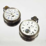 2 SWISS SILVER CASED CALENDAR OPEN FACE POCKET WATCHES AF