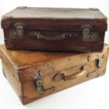 VINTAGE LUGGAGE, A LEATHER SUITCASE WITH SUBSTANTIAL BRASS LOCKS STAMPED J.B. FACTORY, CALCUTTA