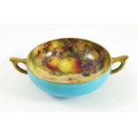 ROYAL WORCESTER SHALLOW 2 HANDLED BOWL PAINTED STILL LIFE FRUIT SIGNED ROBERTS WITH POWDER BLUE