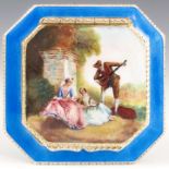 BLUE, GUILLOCHE ENAMELLED SILVER SNUFF/ VINAIGRETTE, PICTORIAL MIRROR BACK HINGED COVER APPROX. 5