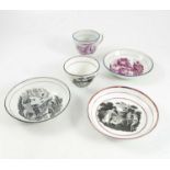 3, 19th CENTURY TRANSFER DECORATED PICTORIAL SAUCERS, TEA BOWL AND CUP