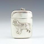NOVELTY SILVER VESTA CASE, EMBOSSED WITH A SPANIEL DOG DECORATION, FREDERICK BRASTED 1886, APPROX.