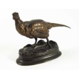 AFTER ANTOINE LOUIS BARYE, FRENCH (1796-1875) CAST BRONZE PHEASANT STUDY ON AN OVAL PLINTH, SIGNED