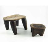 AFRICAN HARDWOOD STOOLS WITH CARVED GEOMETRIC DECORATION, APPROX. 28 X 22 cm & 16 X 14 cm