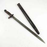 US WWI WINCHESTER P14 BAYONET WITH WOODEN GRIP AND LEATHER SCABBARD, BLADE APPROX. 43 cm