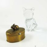 A MODERN GLASS STUDY OF A SEATED CAT, SIGNED DAUM, FRANCE, APPROX. 9 cm AND AN OVAL STUD BOX WITH