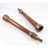 2 COPPER AND BRASS FIRE HOSE NOZZLES APPROX. 39 cm