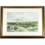 DAVID BATES WATERCOLOUR DEPICTING A LADY AND STREAM IN A MOORLAND SCENE