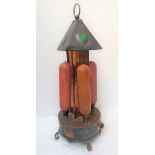 UNUSUAL ARTS AND CRAFT COPPER LANTERN WITH HEART SHAPED 'ROUNDELS' AND 4 COLOURED TUBE TYPE BULBS