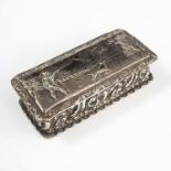 SILVER RECTANGULAR BOX WITH HINGED COVER RELIEF DECORATED WITH HUNTSMAN AND HUNTING DOG