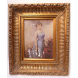 OIL ON PANEL, FULL LENGTH PORTRAIT OF A LADY IN BLUE DRESS IN ORNATE FRAME, NO APPARENT SIGNATURE,