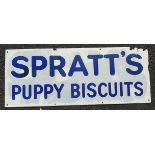 ENAMEL ADVERTISING SIGN APPROX. 12 INS X 30 INS. SPRATTS PUPPY BISCUITS, HEAVY TOUCHING TO EDGES