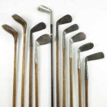 VINTAGE HICKORY SHAFT GOLF CLUBS INC. PUTTER, JIGGER, 3 NIBLICKS, MASHIE, 2 WOODS AND 2 OTHERS