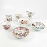 19th CENTURY TEA BOWLS, CUPS, SAUCERS AND JUG WITH ORIENTAL DECORATION