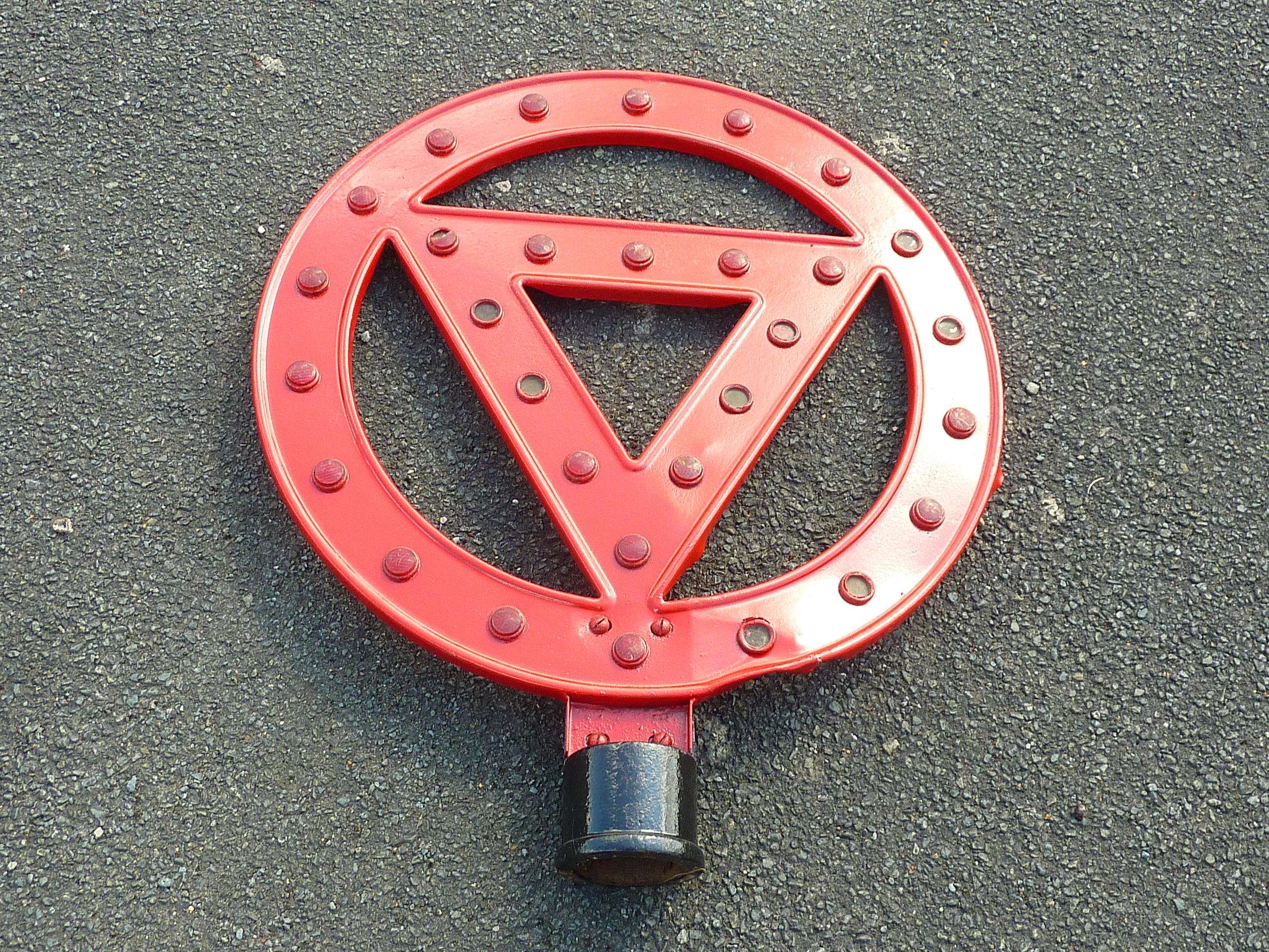 UNUSUAL OLD ROAD SIGN WITH RED WARNING TRIANGLE WITHIN A CIRCULAR O (for obey), RED REFLECTORS IN