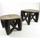 2 AFRICAN HARDWOOD STOOLS WITH CARVED GEOMETRIC DECORATION, APPROX. 34 X 30 cm & 30 X 28 cm