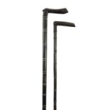 2 SECTIONAL HORN WALKING STICKS, ONE WITH WHITE METAL WIRE INLAY