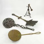 ADJUSTABLE BRASS TRIPOD LAMP BASE AND 3 MISC. SKIMMERS, ONE IN THE FORM OF A STYLISED MONK WITH