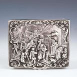DUTCH SILVER SNUFF BOX WITH HINGED COVER, EMBOSSED STREET SCENE DECORATION, GILT LINING, APPROX. 7.5