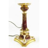 ROYAL CROWN DERBY CANDLESTICK, CONVERTED TO LAMP, PLATINUM AVES RED DECORATION, APPROX. 26 cm