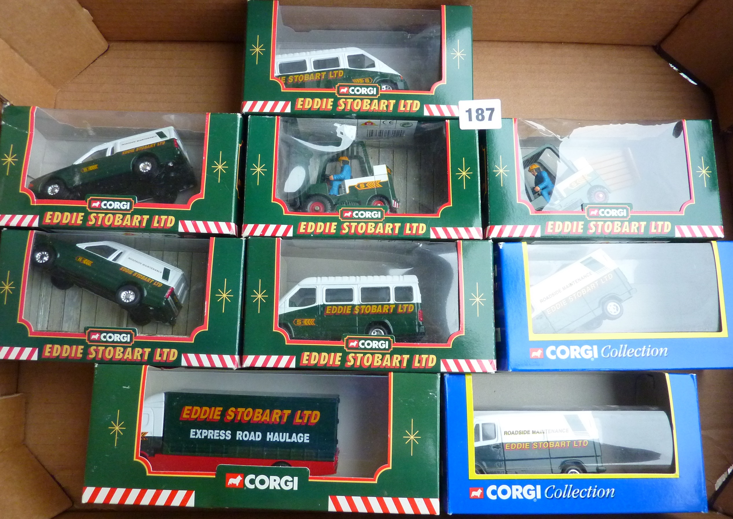 CORGI 8 EDDIE STOBART VANS COMPRISING 58304, 58112 ESCORT X2, 56702 FORK LIFT X2, 58304, 59508