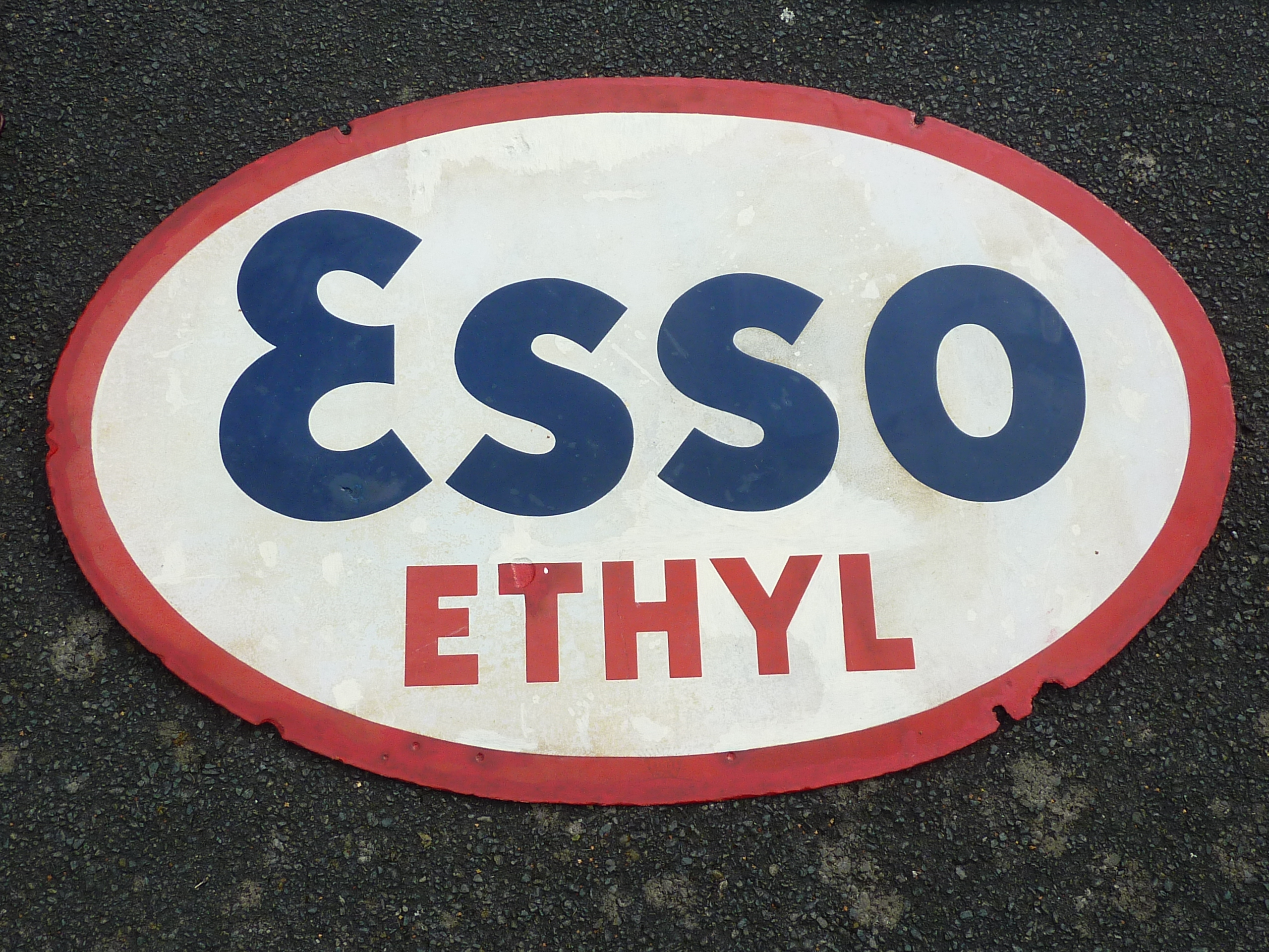 ENAMEL ADVERTISING SIGN OVAL ESSO ETHYL APPROX. 33 INS. X 24 INS