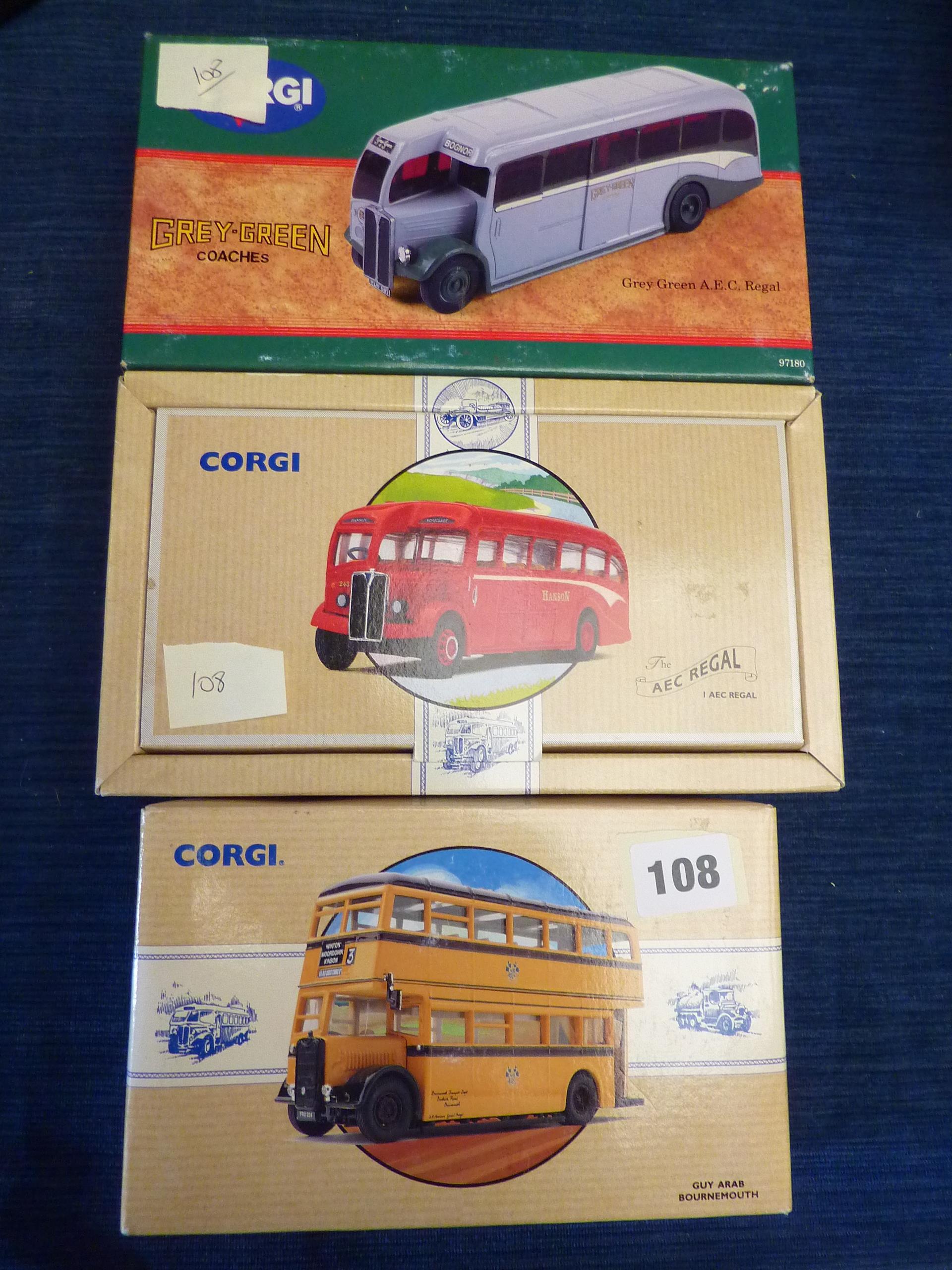 CORGI GUY ARAB 97205 BOURNEMOUTH LIVERY, 97185 GREY GREEN AEC REGAL, 97187 AEC REGAL HANSON ALL